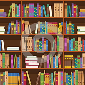 Books on shelves seamless pattern. Bookcase or bookshelves library or bookstore background. Education and knowledge