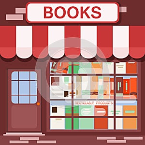 Books shop facade vector background building architecture with urban exterior bookstore flat style center graphic