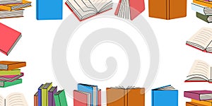 Books sketches horizontal banner template. Closed and open books line background. Bookstore, library, book shop