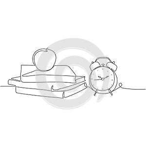 Books stack, alarm clock and apple One continuous line drawing, vector .Education and Back to school concept