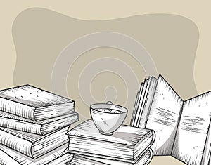 Books in stack with coffee cup encyclopedia and literature engraving style