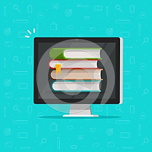 Books stack on computer screen vector illustration, flat cartoon pc with books, concept of ebook library, digital online