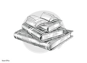 Books stack hand drawing vintage style black and white line