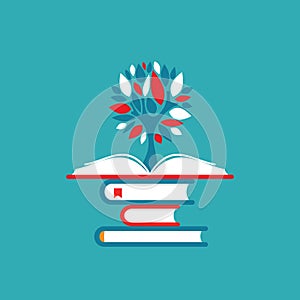 Books stack, red open book and tree. Flat icon isolated on powder blue background