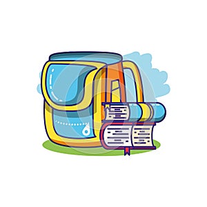 books stack with school bag isolated icon