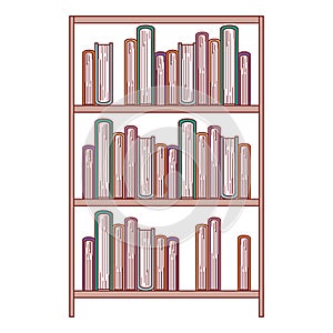 Books stacked in shelf of three levels in colorful silhouette with brown contour