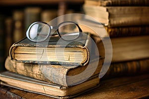 Books stacked on top of each other with glasses on top of them