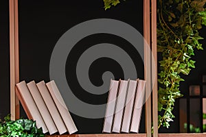 Books stand on an open shelf on a black background