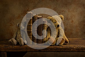 Books and stuffed bears on rustic shelf