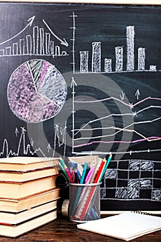 Books on the table against the background of a chalkboard on which are drawn graphs and charts of growth and decline. Business