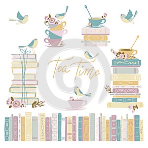 Books and Tea with birds. Vintage Collection. Cute Vector Childish hand-drawn illustration in simple cartoon style in