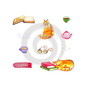 Books, tea, cat. Books stack with cup of tea and sleeping cat. Cute watercolor illustration.