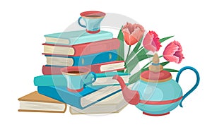 Books with tea cups and a kettle. Flowers on background. Vector illustration