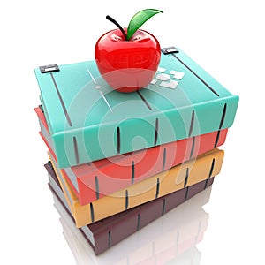 Books tower with red apple isolated on white background