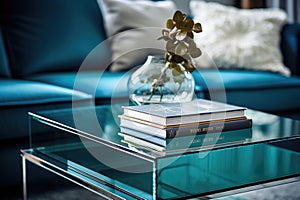 Books and vases close up. Glass coffee table on metal legs near teal velvet sofa. home interior design of modern living room