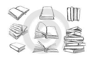 Books vector collection. Pile of books. Hand drawn illustration in sketch style. Library, Books shop