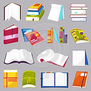 Books vector opened diary story-book and notebook on bookshelves in library or bookstore illustration set of bookish