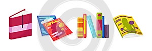 Books vector opened diary story-book and notebook on bookshelves in library or bookstore illustration set of bookish