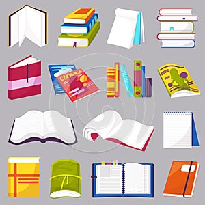 Books vector opened diary story-book and notebook on bookshelves in library or bookstore illustration set of bookish photo
