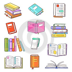 Books vector opened diary story-book and notebook on bookshelves in library or bookstore illustration set of bookish