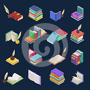 Books vector stack of textbooks and notebooks on bookshelves in library or bookstore illustration isometric set of