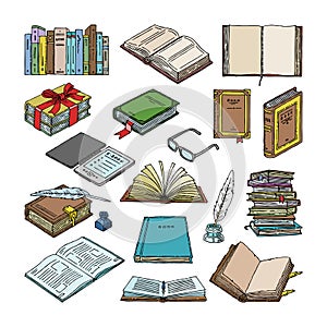 Books vector stack of textbooks and notebooks on bookshelves in library or bookstore illustration set of bookish