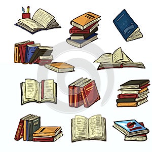 Books vector stack of textbooks and notebooks on bookshelves in library or bookstore illustration set of bookish cover