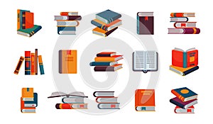 Books vector stack of textbooks and notebooks on bookshelves reading literature in library or bookstore bookish cover