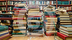 Books on wood desk and blurred bookshelf in the library room, education background, back to school concept