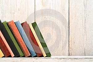 Books Wood Shelf, Old Spines Covers, White Wooden Wall