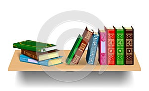 Books on a wooden bookshelf. Stack and row of books Isolated on a white background
