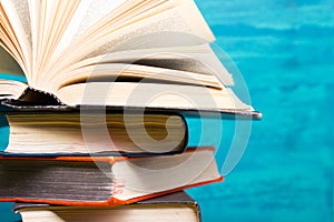 Books on wooden desk table and abstract background. Education background. Copy Space. Back to school.