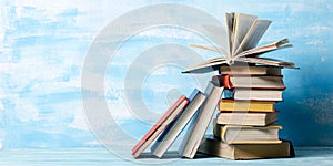 Books on wooden desk table and abstract background. Education background. Copy Space. Back to school.