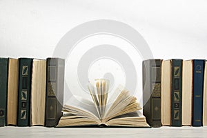 Books on wooden desk table and abstract background. Education background. Copy Space. Back to school.