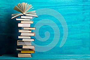 Books on wooden desk table and abstract background. Education background. Copy Space. Back to school.