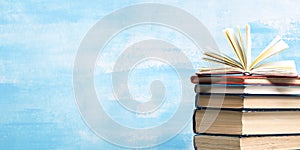 Books on wooden desk table and abstract background. Education background. Copy Space. Back to school.