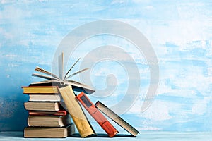 Books on wooden desk table and abstract background. Education background. Copy Space. Back to school.