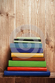 Books on the wooden shelf