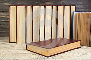 books on wooden table. Back to school. Education business concept. Copy space for text