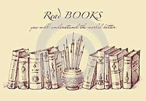 Books and writing tools in vintage style