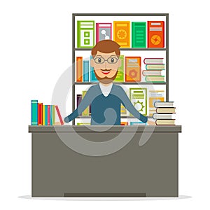 Bookseller or librarian at the counter.