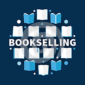 Bookselling round flat vector illustration - creative books sign photo