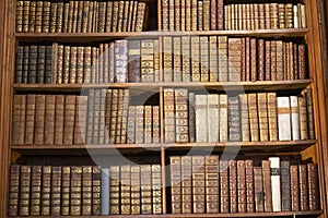 Bookshelf with antique old books in a museum