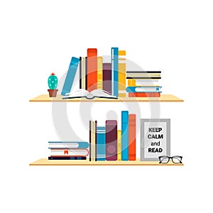 Bookshelf. Books on the book shelf. Book stack. Reading. Vector