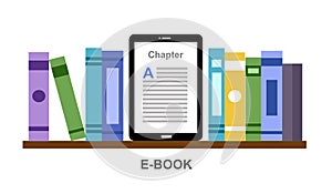 Bookshelf with books and Ebook reader device. Online digital library and Ebook concept vector illustration on white background. Cr