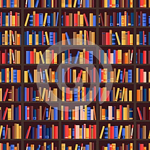Bookshelf and books seamless pattern. Vector library or bookshop background. Bookcase shelves with education literature
