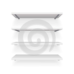 Bookshelf empty store 3d trade shelve space realistic template mockup isolated on white vector illustration photo