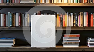 Bookshelf and Empty White Book with Blank Cover