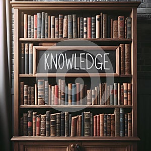 a bookshelf has a chalkboard that reads knowledge