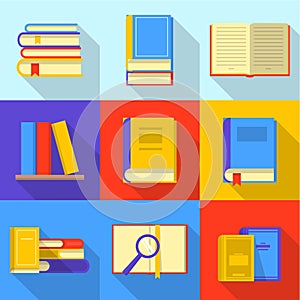 Bookshelf icons set, flat style